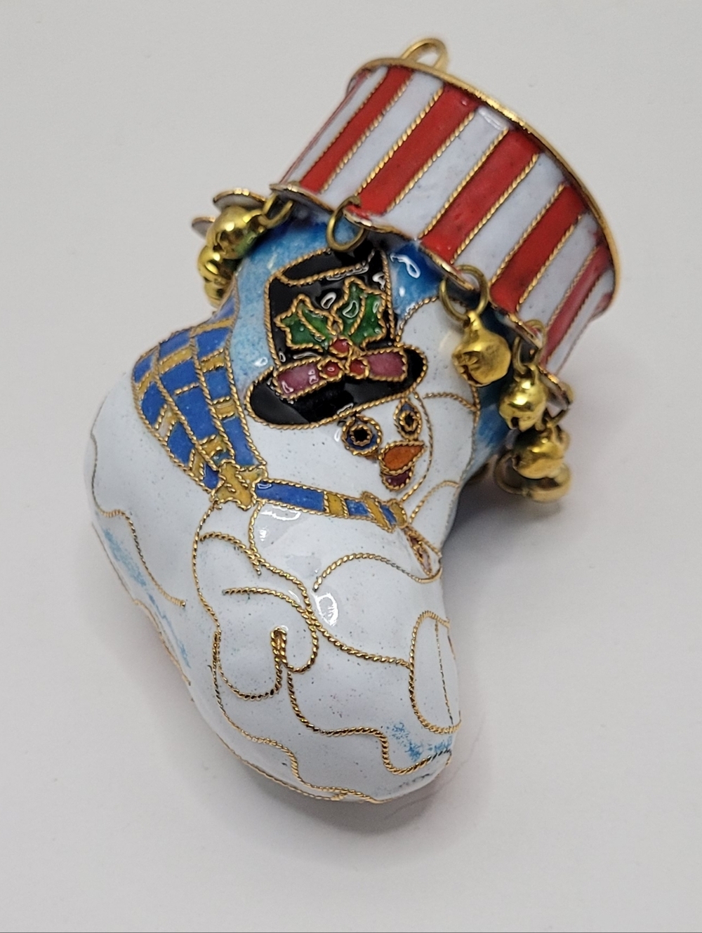 Colorful Enameled Christmas Stocking Ornament with Snowman Design Vintage